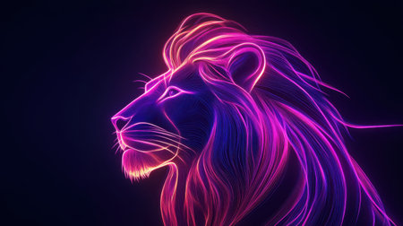 This stunning neon lion profile showcases vibrant flowing lines and an abstract design, perfect for modern artwork and dynamic aesthetic themes.の素材
