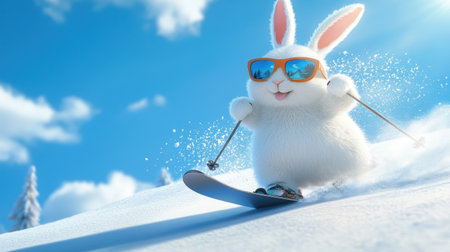 A cheerful cartoon rabbit enjoys skiing on a snowy slope, wearing stylish sunglasses. This whimsical image captures the joyful spirit of winter sports and fun adventures.の素材