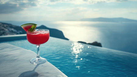 A vibrant cocktail sits elegantly by an infinity pool, offering a stunning view of the sea and horizon. A perfect setting for summer relaxation and enjoyment.の素材