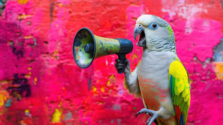 A lively parrot enthusiastically holding a megaphone against a bright pink and orange background, showcasing its playful personality and colorful feathers. Perfect for animal lovers.の素材