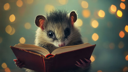 A cute animal engaged in reading a book under soft bokeh lights, creating a whimsical and enchanting atmosphere ideal for children's literature and imaginative storytelling.の素材