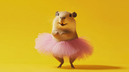 This charming image showcases a guinea pig wearing a pink tutu, exuding joy against a vivid yellow backdrop, perfect for adding a playful touch to any project.の素材