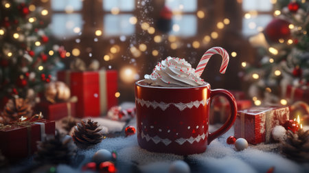 This enchanting holiday image features a cozy mug of hot chocolate topped with whipped cream and a candy cane, surrounded by festive gifts and soft snow. Perfect for celebrating.の素材