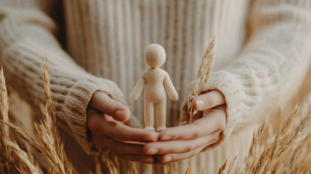A serene image of gentle hands holding a knit figure amidst golden wheat, capturing the essence of comfort, nurturing, and a connection with nature in a cozy setting.の素材