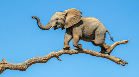 This delightful image captures a baby elephant playfully balancing on a tree branch under a bright blue sky, showcasing the charm and grace of wildlife in its natural setting.の素材