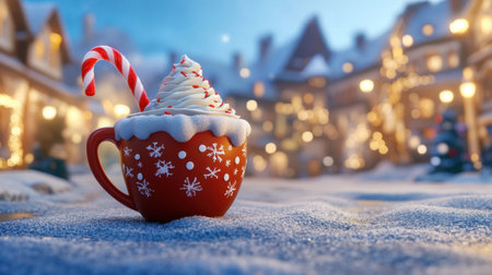 A warm, inviting red cup topped with fluffy whipped cream and a candy cane sits on the snow, surrounded by a charming festive town adorned with twinkling lights.の素材