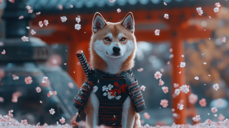 A charming samurai dog poses amidst falling cherry blossom petals, showcasing traditional culture in a serene Japanese garden setting. A delightful blend of nature and artistry.の素材