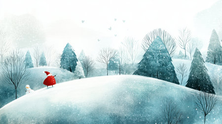 A whimsical winter landscape featuring a snowman and a character in red, showcasing serene snowy hills and leafless trees, perfect for seasonal themes.の素材