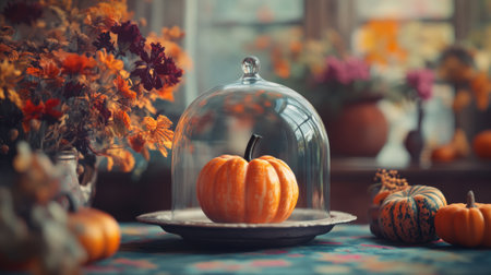This enchanting autumn still life features a vibrant pumpkin under a glass dome, surrounded by seasonal flowers and warm colors, perfect for holiday decoration and cozy ambiance.の素材