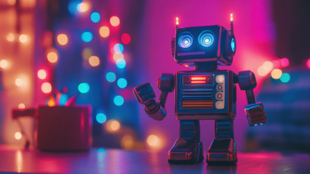 A vibrant retro robot toy illuminated by LED lights stands against a backdrop of colorful bokeh lights, evoking themes of childhood joy and playful imagination.の素材