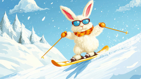 A cheerful cartoon rabbit enjoys skiing down a snowy slope, wearing sunglasses and a scarf, capturing the joy of winter adventure in a vibrant and whimsical illustration.の素材