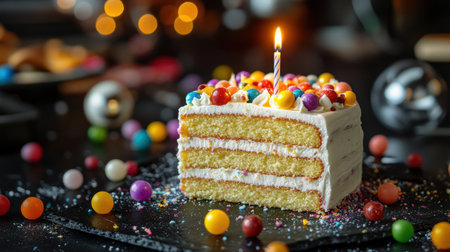 A tempting birthday cake featuring layers of cream and colorful candies, highlighted by a single candle and surrounded by playful decor, perfect for celebrations.の素材