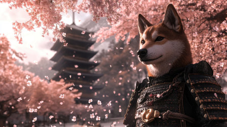 This enchanting image features a Shiba Inu dressed in traditional samurai armor, surrounded by delicate cherry blossoms and a historic pagoda, creating a serene spring atmosphere.の素材