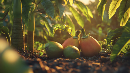 Discover a serene scene featuring ripe papayas and mangos, nestled in a lush tropical garden, beautifully lit by warm sunlight, showcasing nature's rich harvest.の素材