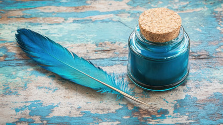 This image showcases a vibrant blue ink bottle with a cork lid, paired with a delicate quill feather, set against a rustic wooden surface that enhances its artistic charm.の素材