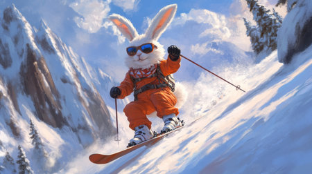A cheerful rabbit in vibrant orange ski gear enjoys a spirited descent on snowy slopes, showcasing a blend of whimsy and adventure in a stunning mountain landscape.の素材