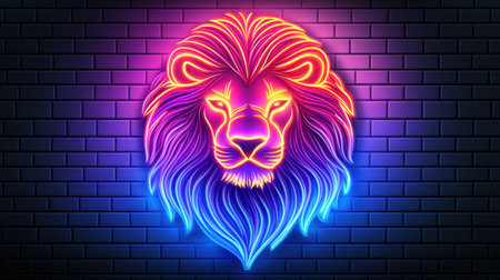 A striking neon lion illustration set against a dark brick wall, showcasing vibrant colors and modern design elements, perfect for creative projects and stylish decor.の素材