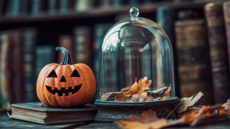 A vibrant pumpkin with a cheerful face sits under a glass dome, surrounded by autumn leaves on antique books, creating a warm and inviting Halloween atmosphere.の素材
