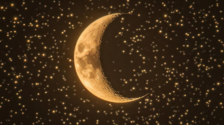 A stunning crescent moon glows in the deep night sky, surrounded by a multitude of twinkling stars, creating a magical and serene atmosphere for any celestial-themed project.の素材