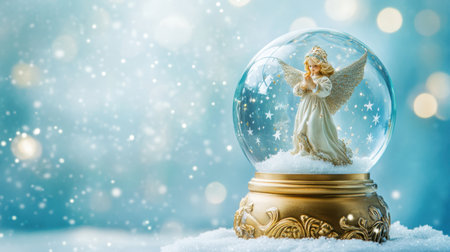 Captivating snow globe featuring an angelic figure amidst a flurry of sparkling snowflakes, radiating a serene ambiance, ideal for winter or holiday-themed projects and decor.の素材