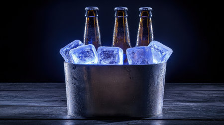 A captivating scene featuring chilled beer bottles surrounded by ice cubes in a sleek bucket, illuminated by a soft blue glow, ideal for summer gatherings and celebrations.の素材
