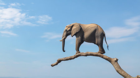 A stunning representation of an elephant balancing on a branch, capturing the essence of grace and strength while set against a serene blue sky in an imaginative scene.の素材