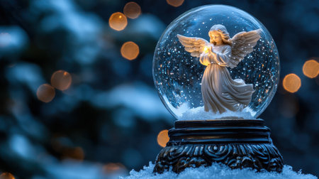 This enchanting snow globe features a gentle angel cradling light, set against a backdrop of softly falling snow and glowing lights, perfect for evoking holiday cheer and serenity.の素材