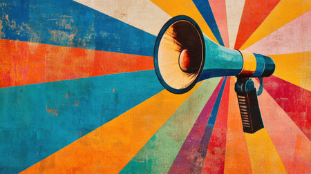 A retro megaphone emanates vibrant rays of color, symbolizing communication and announcement. Perfect for illustrating ideas of expression and interaction in media and advertising.の素材