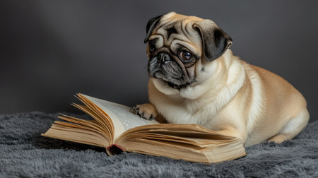 A charming pug dog lies on a soft blanket, intently reading an open book, exuding a delightful curiosity about stories and adventures. Perfect for animal lovers.の素材