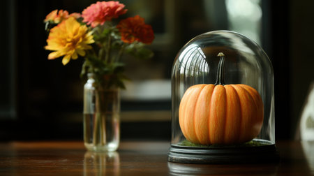 A vibrant orange pumpkin is elegantly displayed under a glass dome, accompanied by colorful flowers in a vase, creating a charming autumn atmosphere ideal for seasonal decor.の素材