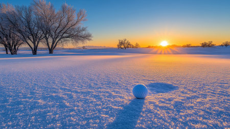 A beautiful winter golf scene showcasing a solitary golf ball on a pristine, snow-covered landscape at sunrise, with frosty trees illuminating warm colors.の素材