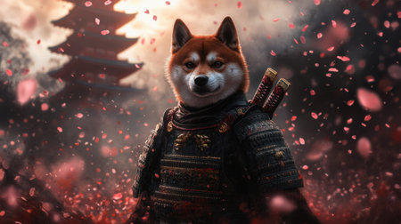 A stunning portrayal of a Shiba Inu dressed in samurai armor, surrounded by floating cherry blossom petals and set against a backdrop of a Japanese pagoda.の素材