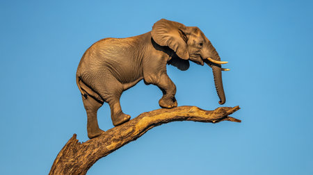 An incredible sight of an elephant gracefully balancing on a tree branch against a serene blue sky, showcasing the magnificence of wildlife and nature's beauty.の素材
