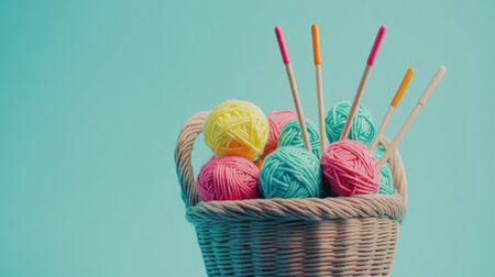A beautiful arrangement of colorful yarn balls in a woven basket with knitting needles, creating a delightful atmosphere of creativity and inspiration in a pastel blue setting.の素材