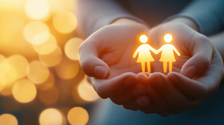 A pair of hands gently holds glowing figures that symbolize love and unity, showcasing the warmth and connection shared in meaningful relationships.の素材