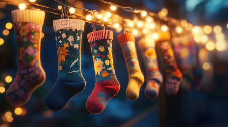 Vibrant and colorful stockings hang from a string of glowing lights, creating a warm and inviting atmosphere perfect for holiday celebrations and gatherings.の素材