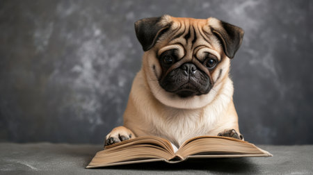 A charming pug dog intensely focused on an open book, capturing the essence of curiosity and companionship in a warm, cozy atmosphere, ideal for pet lovers.の素材