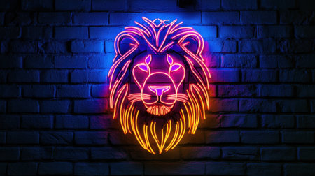A stunning neon lion head sign pulsates with color against a dark brick wall, showcasing artistic expression and vibrant aesthetics that elevate any space ambiance.の素材