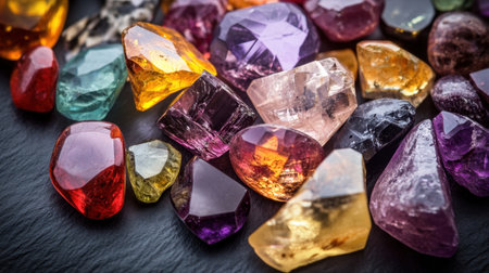 A vibrant assortment of raw gemstones in various colors and shapes resting on a dark slate background, highlighting their natural beauty and intricate textures.の素材