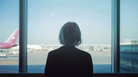 A contemplative traveler gazes out of an airport terminal window, reflecting on upcoming journeys with an airplane visible in the background, evoking anticipation and tranquility.の素材