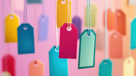 This vibrant image showcases colorful hanging tags in various shades against a soft gradient background, perfect for creative projects, marketing, or crafting inspiration.の素材