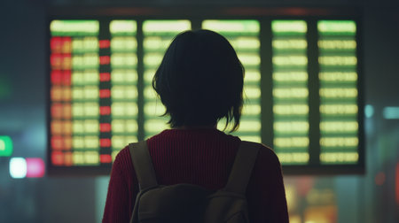 A contemplative individual stands against a vibrant departure board, creating an atmosphere of travel anticipation and exploring new adventures in a terminal setting.の素材