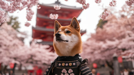 Adorable Shiba Inu wearing traditional armor stands proudly amidst beautiful cherry blossoms with a serene pagoda backdrop, creating a peaceful spring atmosphere.の素材