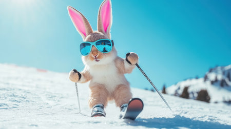 A charming bunny wearing sunglasses skis down a snowy slope on a sunny day, capturing the essence of playful winter fun and adventure in a beautiful outdoor setting.の素材