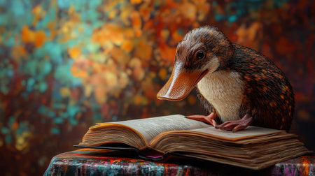 A charming scene featuring a whimsical creature resembling a duck engrossed in an open book, set against a warm autumn background full of vibrant colors and textures.の素材