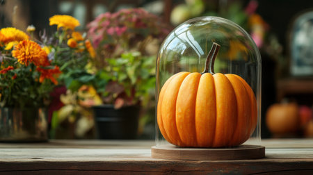 A vibrant pumpkin sits elegantly under a glass dome, surrounded by colorful flowers, creating a cozy autumn atmosphere perfect for seasonal decor and inspiration.の素材