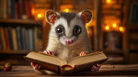 This charming image features a cute possum with large eyes, curiously holding an open book in a whimsical library. The warm light and cozy ambiance create an inviting atmosphere perfect for storytelling.の素材