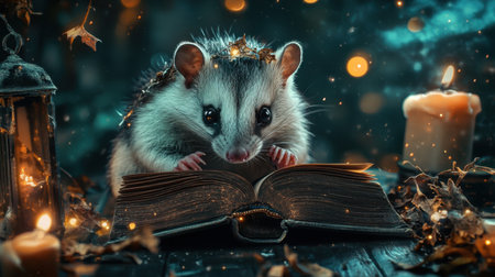 A charming hedgehog sits reading a book in a mystical atmosphere, surrounded by candlelight and autumn leaves, creating a whimsical and enchanting scene.の素材