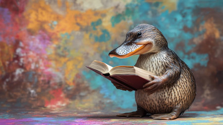 An imaginative portrayal of a unique animal engaged in reading, set against a vibrant and colorful backdrop that inspires creativity and joy.の素材