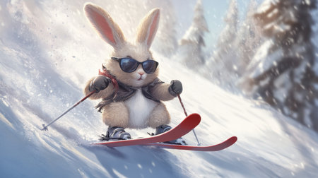 A charming bunny wearing sunglasses skis down a snowy slope, bringing joy and excitement to the winter landscape with bright sunlight and fluffy snow-covered trees.の素材